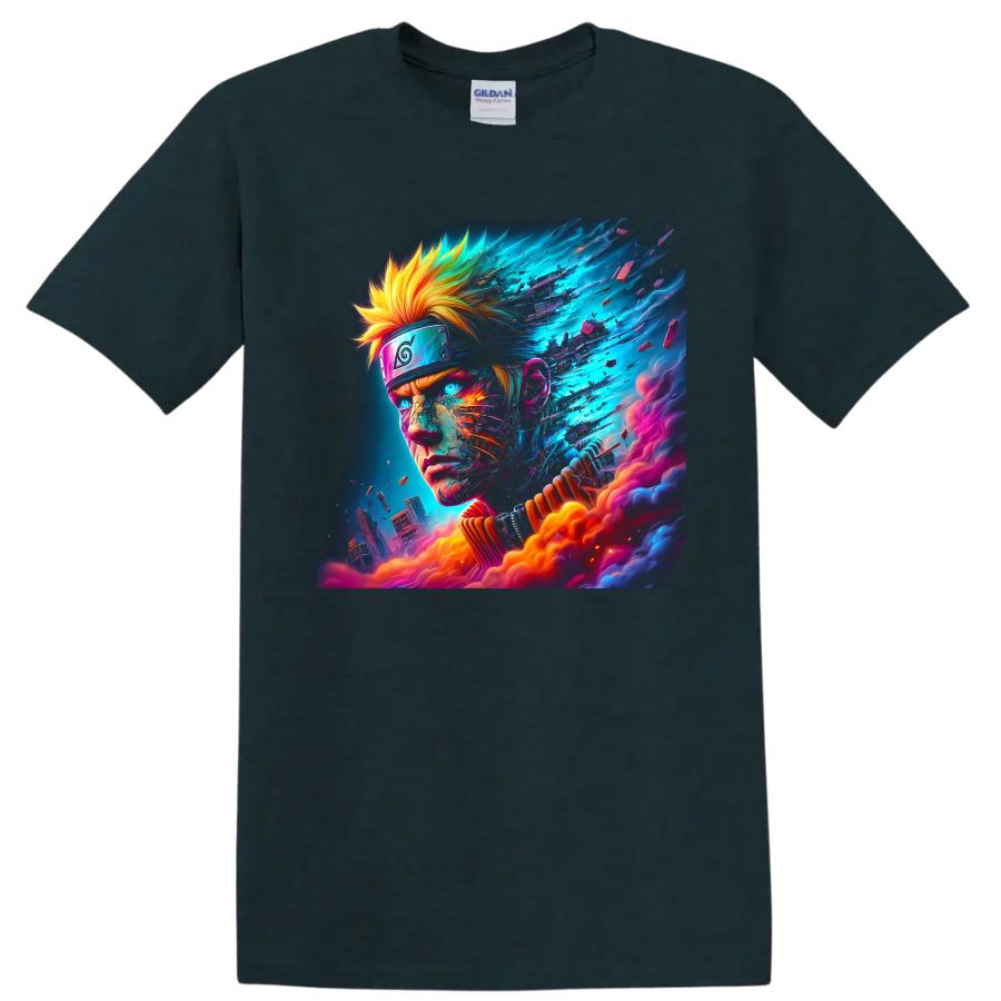 Naruto Uzumaki neon cyberpunk portrait with energy fragments and futuristic city on a Midnight (Green) T Shirt
