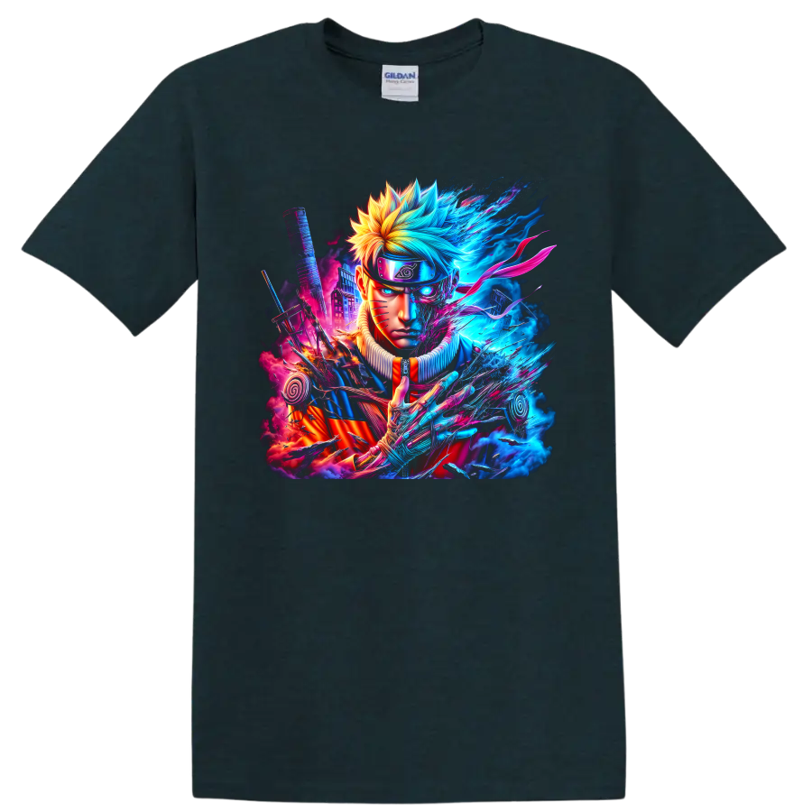 Naruto Uzumaki neon cyber ninja portrait with sword, spiral emblems, and energy effects on a Midnight (Green) T Shirt