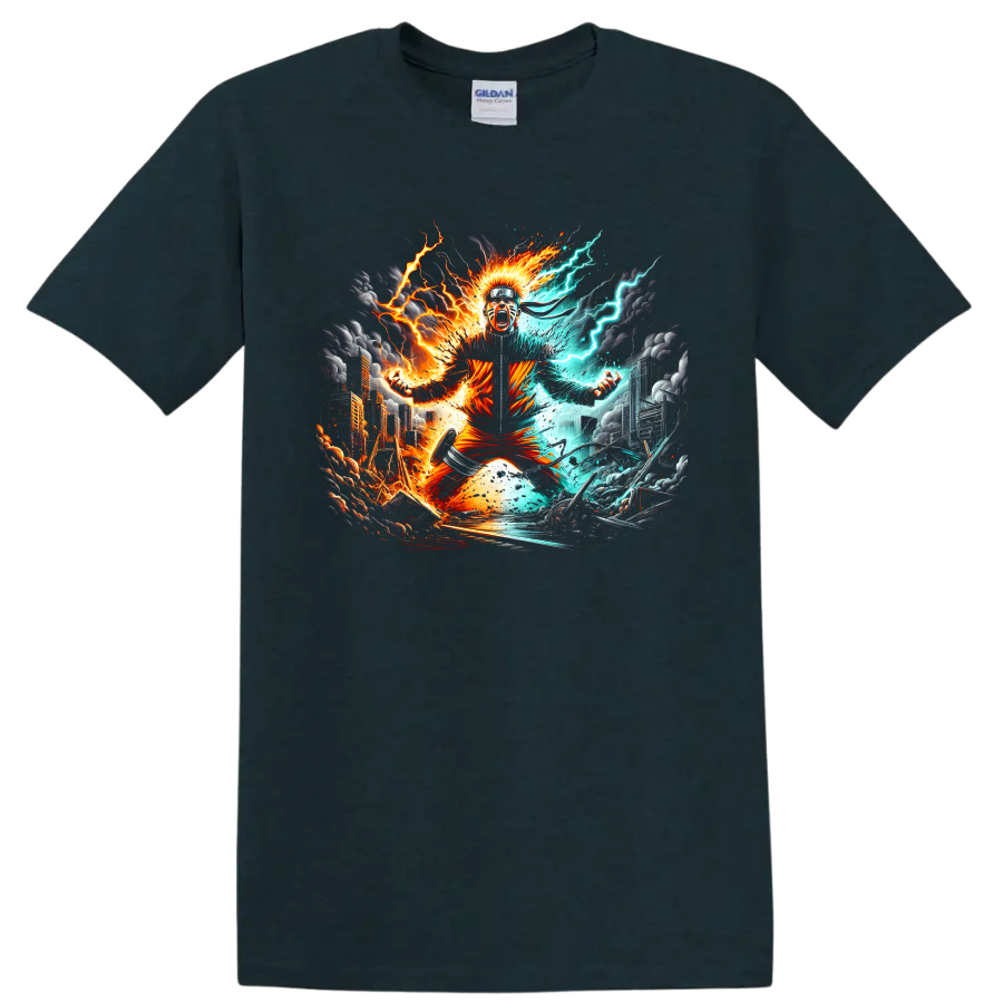 Naruto Uzumaki anime ninja with fiery orange energy and aqua lightning on a Midnight (Green) T Shirt