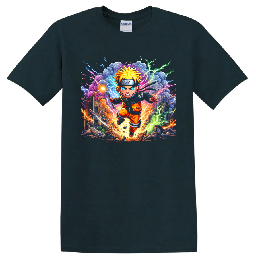 Naruto Uzumaki running in a vivid lightning battle anime graphic print on a Midnight (Green) T Shirt