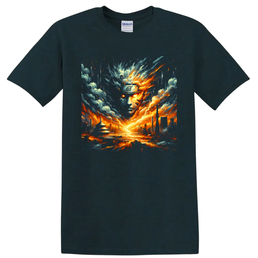 Naruto Uzumaki fiery storm portrait with a glowing cityscape in dramatic anime art on a Midnight (Green) T Shirt