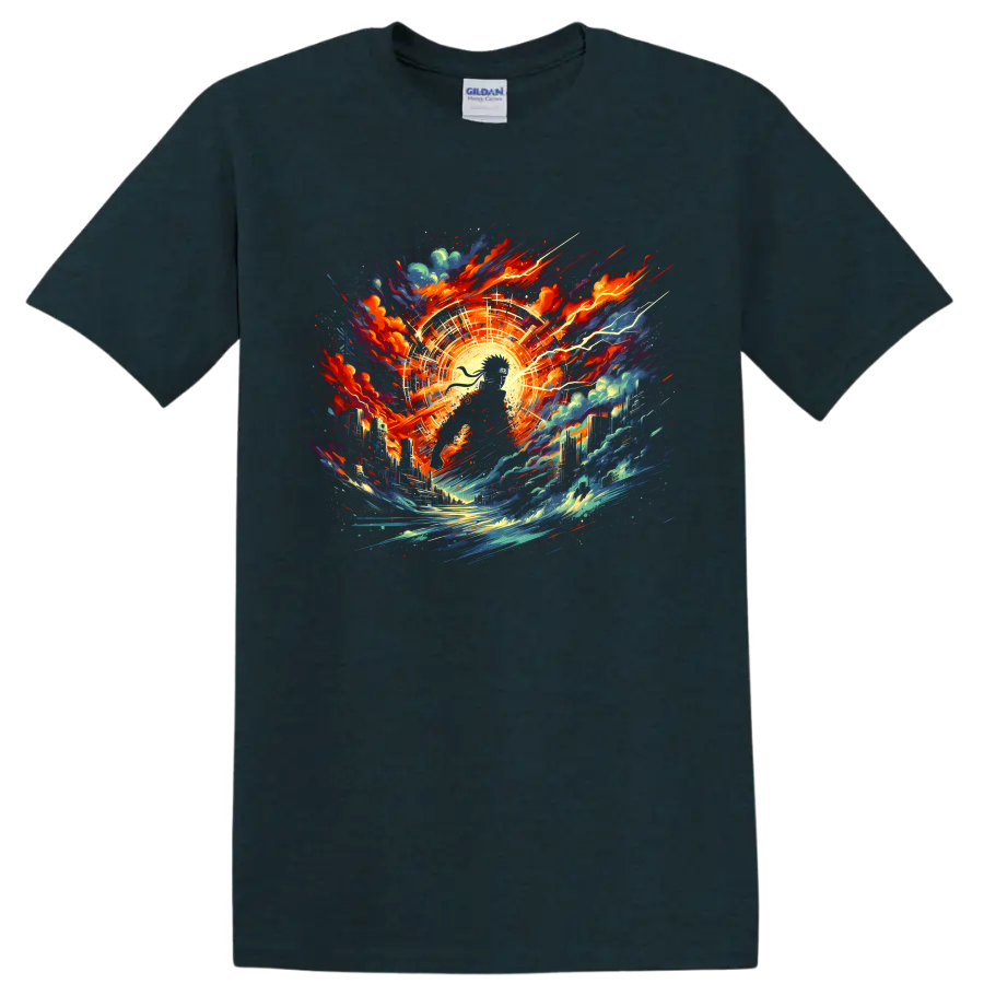 Naruto Uzumaki-inspired ninja with cosmic city, energy burst, waves, and lightning on a Midnight (Green) T Shirt