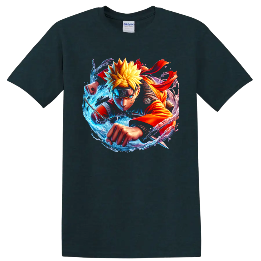 Naruto Uzumaki anime ninja action graphic with blue energy and fiery orange motion on a Midnight (Green) T Shirt