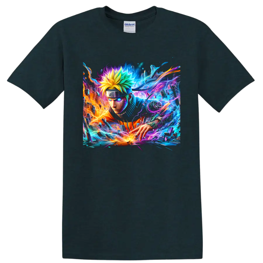 Naruto Uzumaki neon cyberpunk ninja graphic with glowing energy and futuristic city on a Midnight (Green) T Shirt
