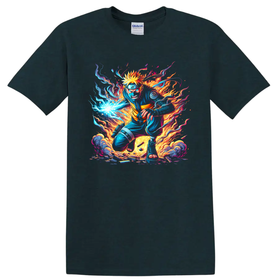 Naruto Uzumaki ninja action graphic with blue energy, flames, and smoke on a Midnight (Green) T Shirt