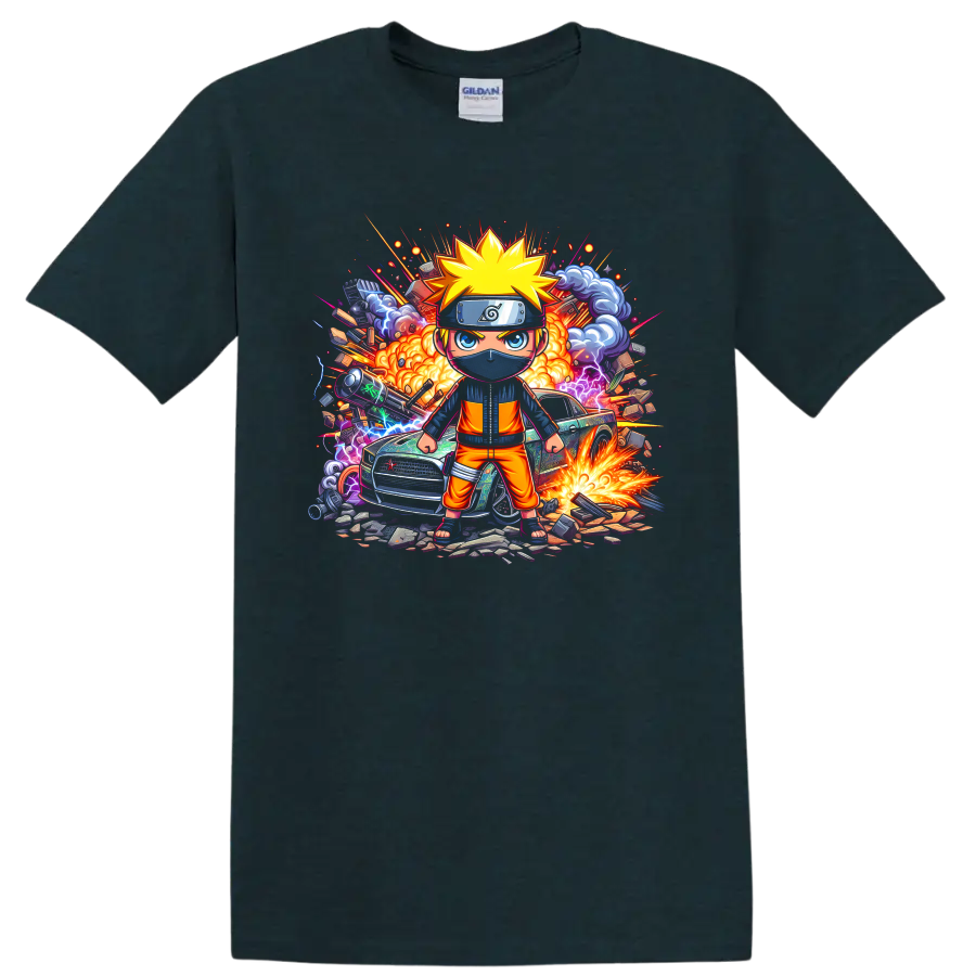Chibi Naruto Uzumaki ninja with explosions, lightning, smoke, and sports car action on a Midnight (Green) T Shirt
