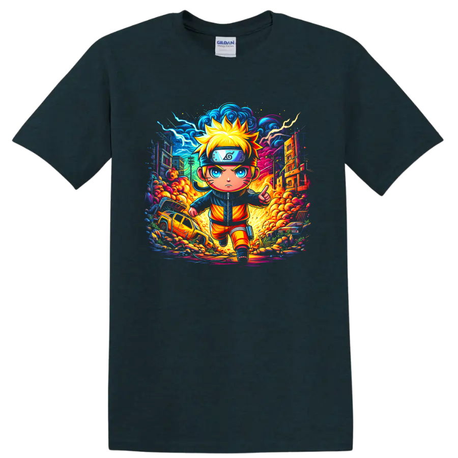 Naruto Uzumaki chibi ninja running through a neon lightning city action scene on a Midnight (Green) T Shirt