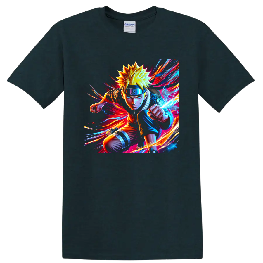 Naruto Uzumaki charging with Rasengan in vivid neon anime action art on a Midnight (Green) T Shirt