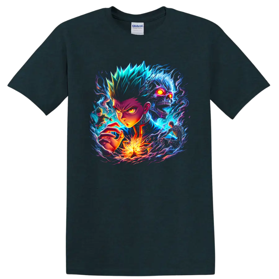 Gon Freecss neon fantasy graphic with spectral skull, fire, and swirling energy on a Midnight (Green) T Shirt