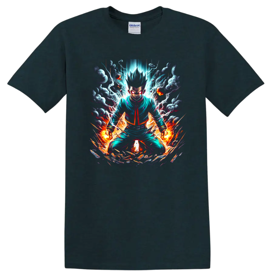Hajime Kashimo anime warrior graphic with lightning, flames, and storm clouds on a Midnight (Green) T Shirt