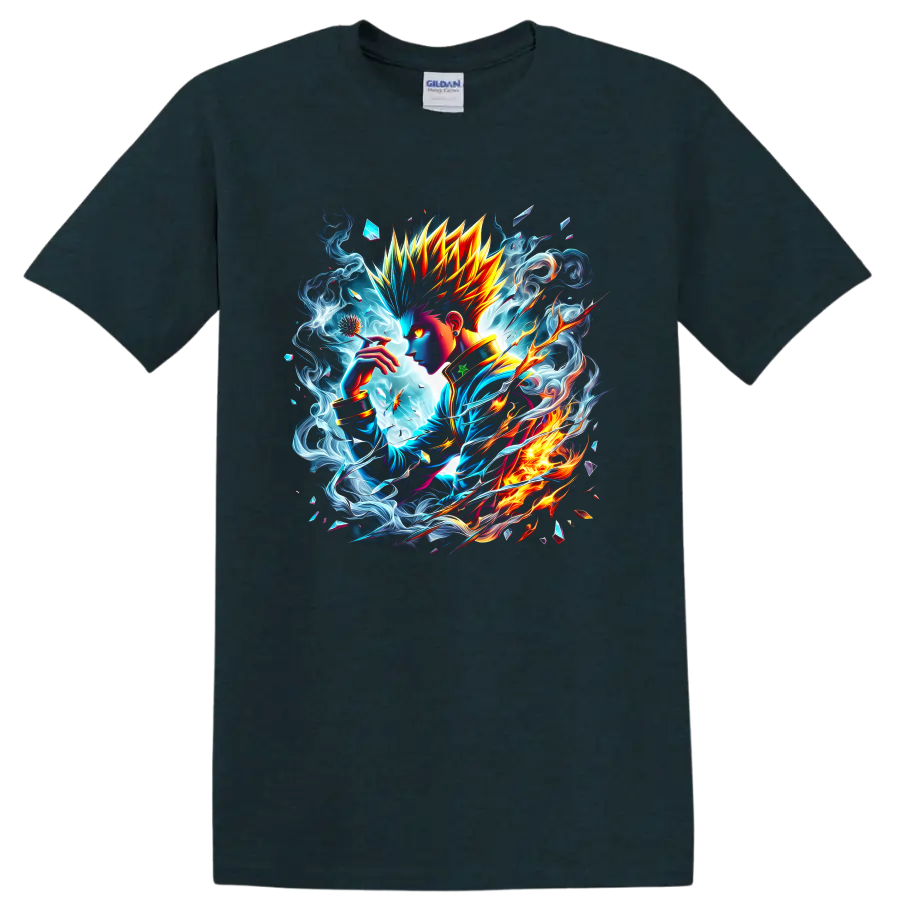Killua Zoldyck anime portrait with electric blue energy and fiery fantasy artwork on a Midnight (Green) T Shirt