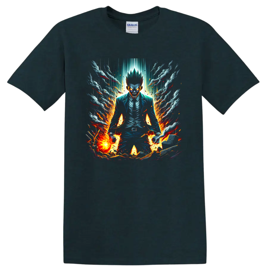 Souichi Kiruma Usogui manga-style graphic with flames, smoke, sparks, and glowing eyes on a Midnight (Green) T Shirt