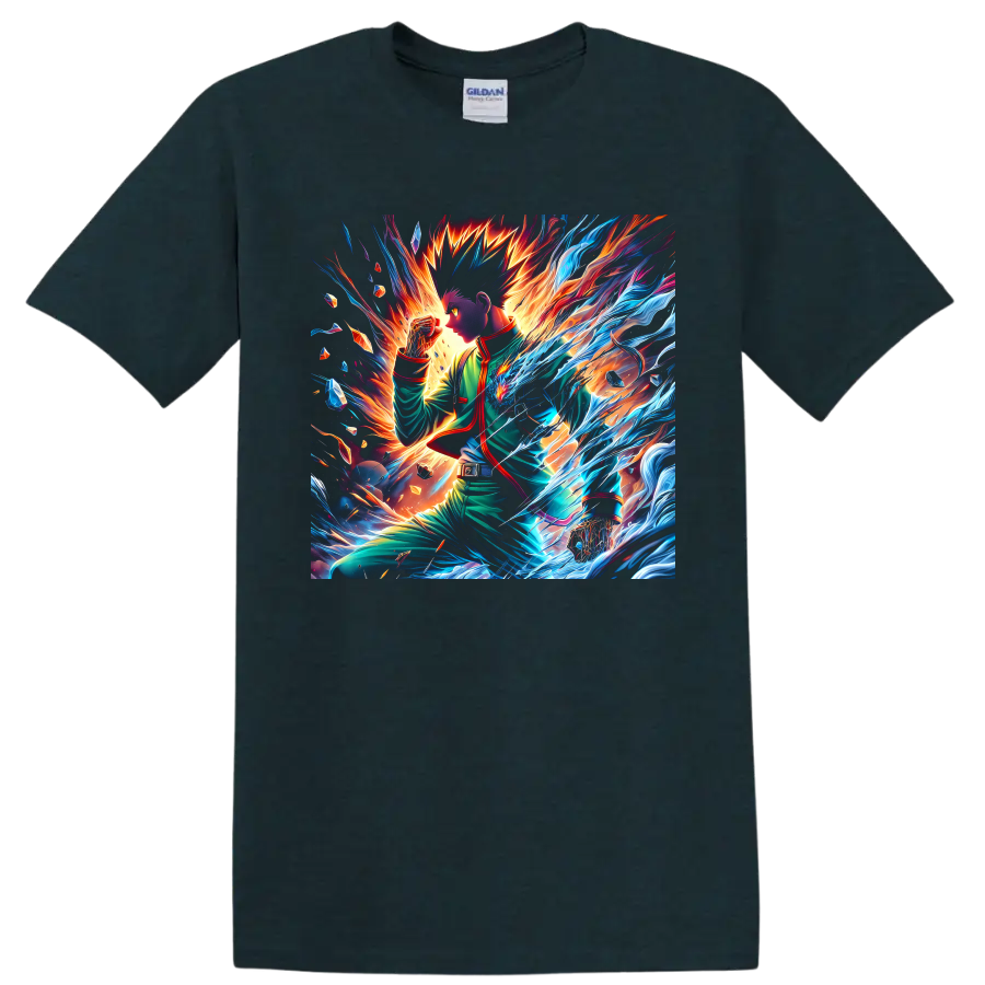 Gon Freecss and Killua Zoldyck anime battle art with blue energy and fiery light on a Midnight (Green) T Shirt