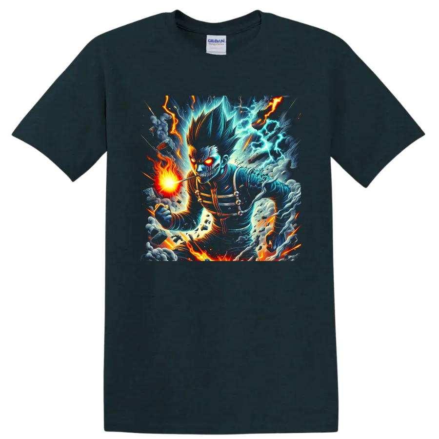 Cosmic Garou anime battle graphic with lightning, fire, storm clouds, and glowing eyes on a Midnight (Green) T Shirt