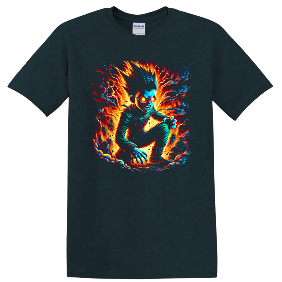 Gon Freecss in a fiery electric anime action graphic on a Midnight (Green) T Shirt