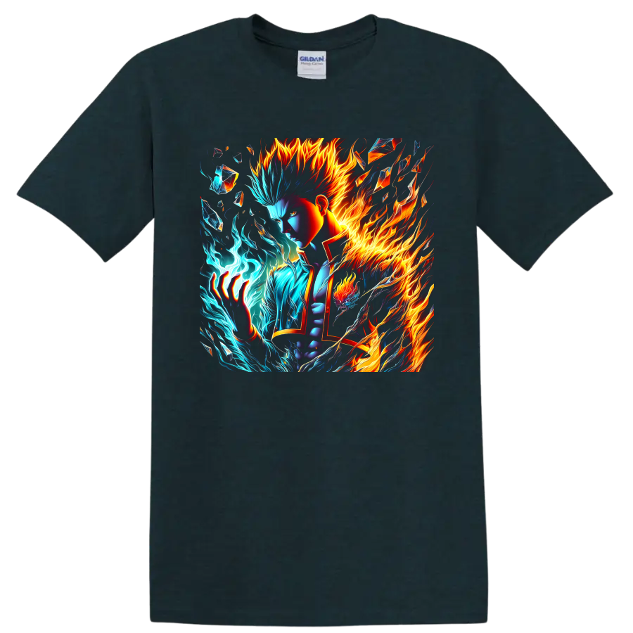 Shoto Todoroki fire and ice anime-style graphic with crystalline shards on a Midnight (Green) T Shirt
