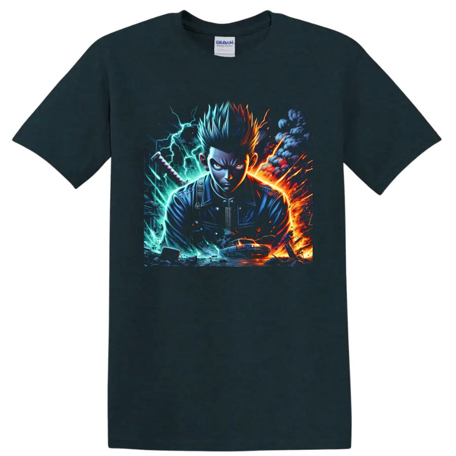 Gaku anime fighter graphic with blue and red hair, lightning, fire, sword hilt, and car on a Midnight (Green) T Shirt