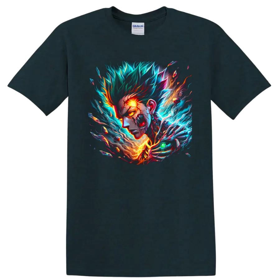 Cosmic Garou neon energy portrait with blazing eye, lightning, flames, and shards on a Midnight (Green) T Shirt