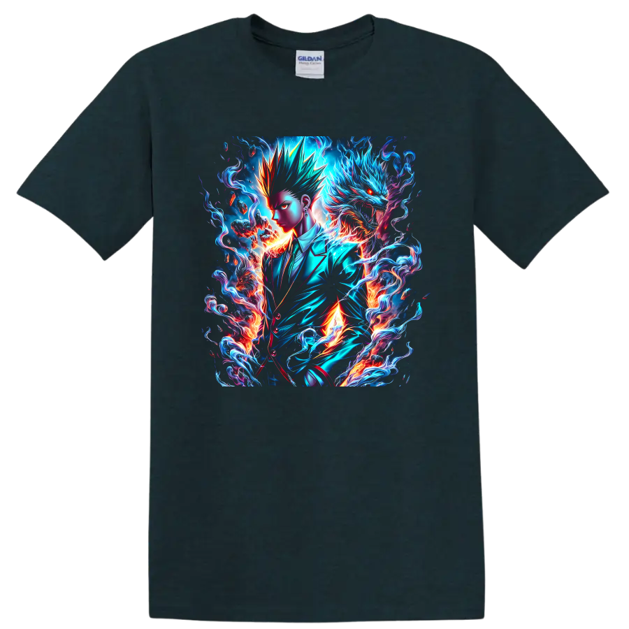 Kaji Takaomi neon fantasy art with a blue dragon, flames, and swirling energy on a Midnight (Green) T Shirt