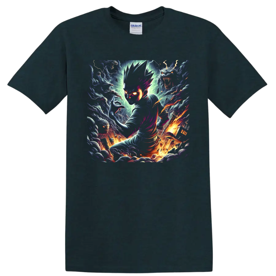 Glowing-eyed anime fighter with shadow beasts, lightning, and fiery fantasy art on a Midnight (Green) T Shirt