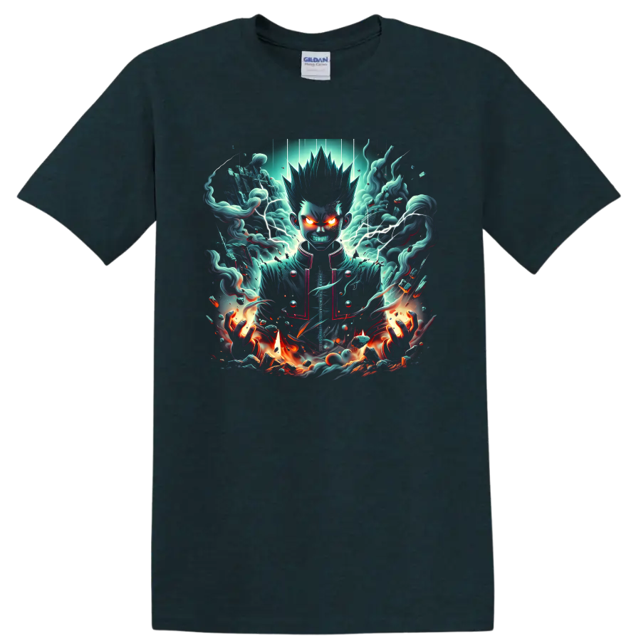 Shigeo Kageyama dark psychic anime art with lightning, teal vapor, and flames on a Midnight (Green) T Shirt
