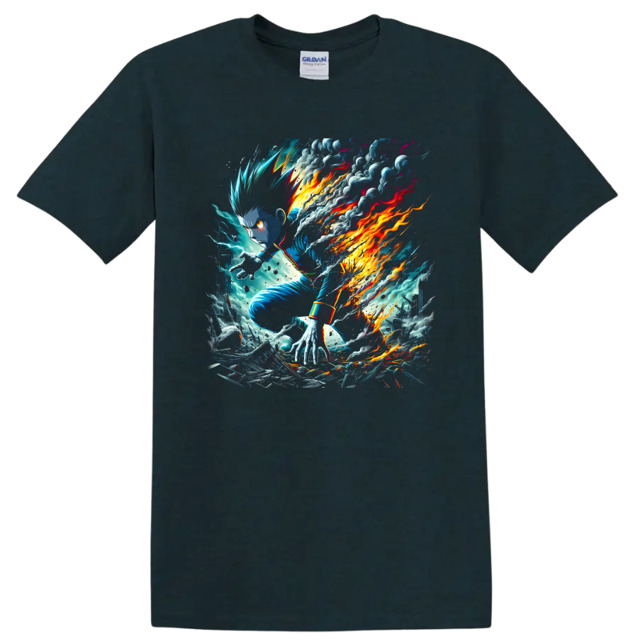 Killua Zoldyck action artwork with blue lightning, smoke, and blazing energy on a Midnight (Green) T Shirt
