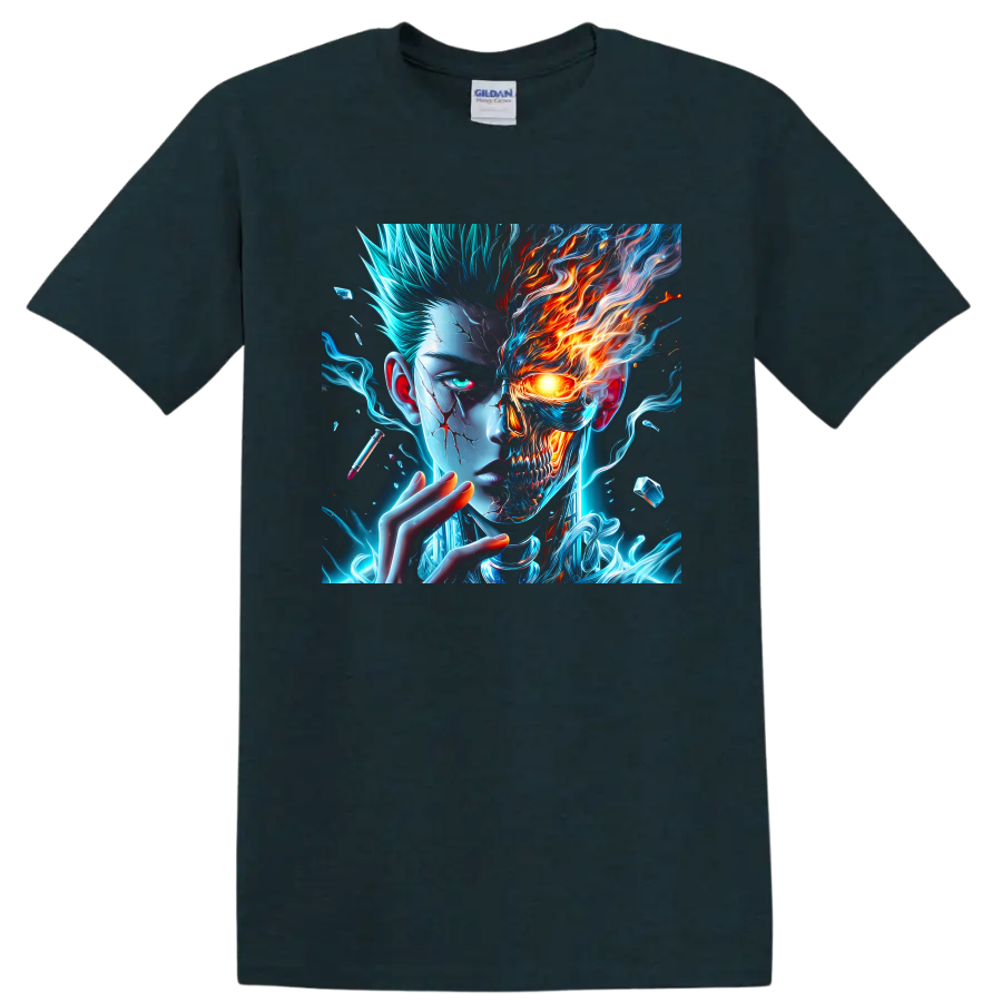 Dabi split-face cyberpunk graphic with blue energy, flames, and skeletal skull detail on a Midnight (Green) T Shirt
