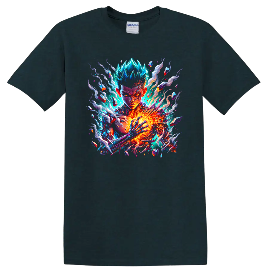 Cosmic Garou neon energy anime artwork with crystal shards and fiery cosmic effects on a Midnight (Green) T Shirt