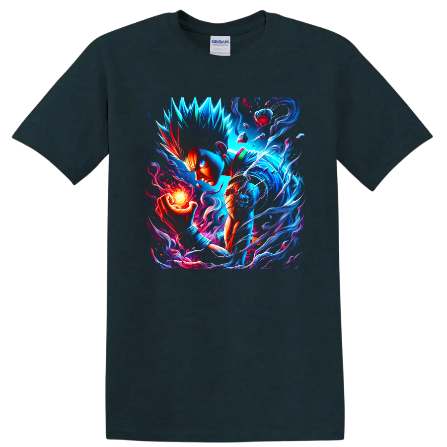 Garou warrior with neon blue energy, flame orb, and shards in vivid anime art on a Midnight (Green) T Shirt