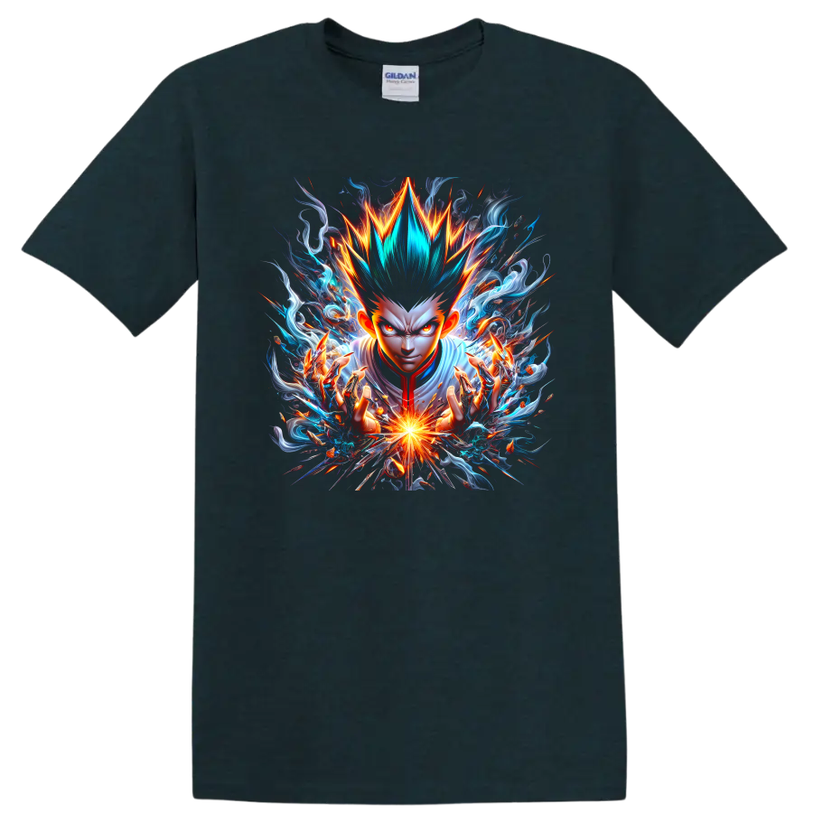 Gon Freecss with spiky hair and radiant energy in dramatic anime action art on a Midnight (Green) T Shirt