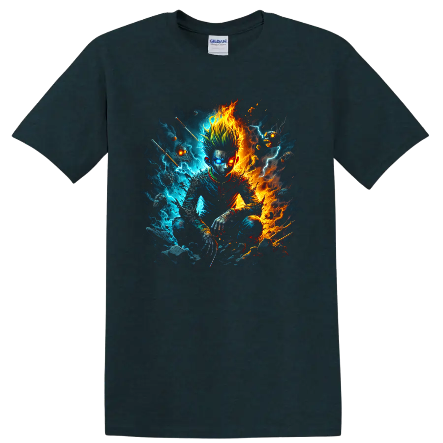 Hunter × Hunter elemental warrior graphic with blue lightning and orange flames on a Midnight (Green) T Shirt