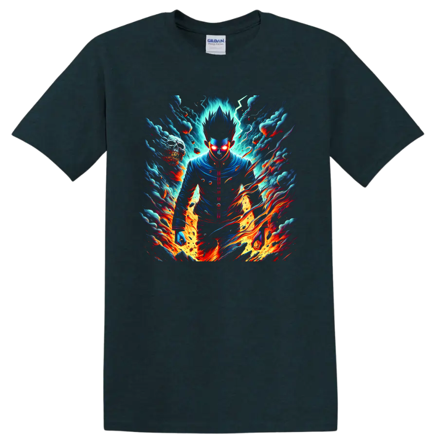 Shigeo Kageyama psychic energy anime graphic with lightning, clouds, and flames on a Midnight (Green) T Shirt