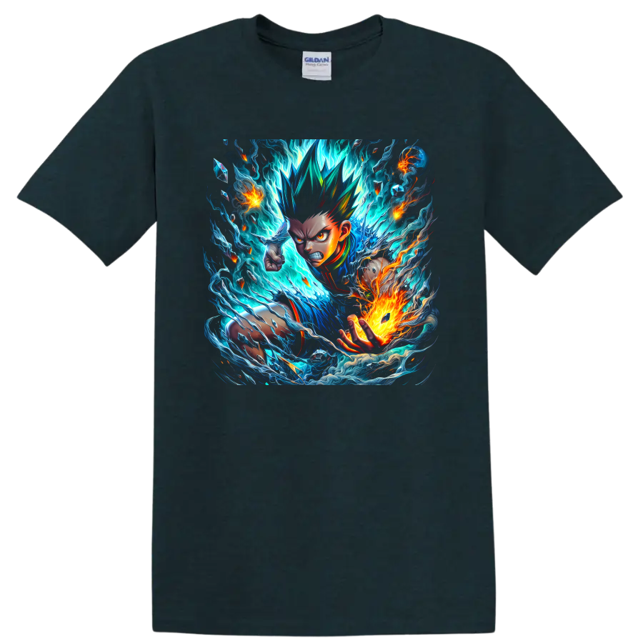 Adult Gon Freecss anime art with blue energy waves and orange fire on a Midnight (Green) T Shirt