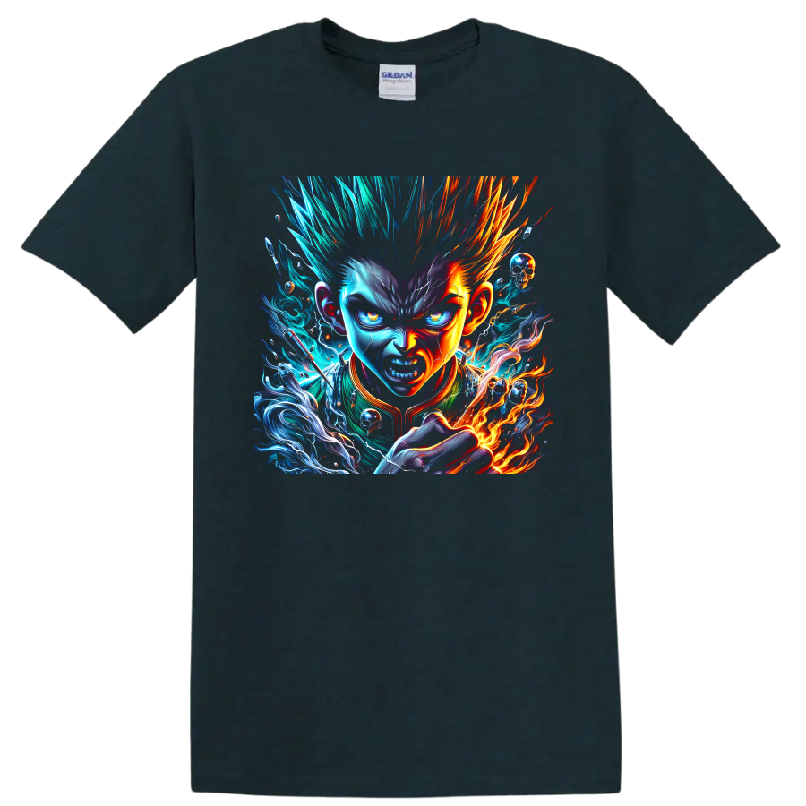 Fierce anime warrior portrait with blue lightning, orange fire, smoke, and skull accents on a Midnight (Green) T Shirt