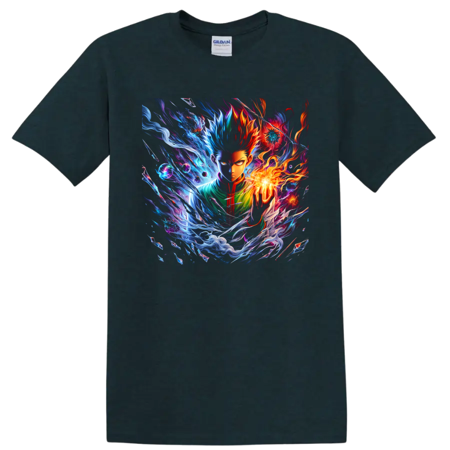 Gon Freecss and Killua Zoldyck elemental anime energy graphic with flames and blue waves on a Midnight (Green) T Shirt