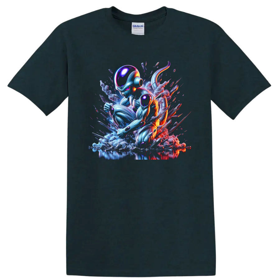 Metal Cooler cybernetic battle art with glowing armor, smoke, and shattered fragments on a Midnight (Green) T Shirt