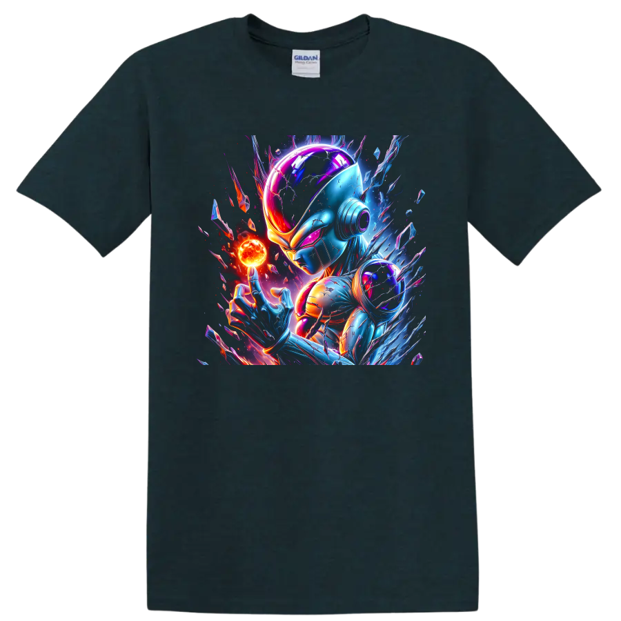 Frieza Dragon Ball cyberpunk art with glowing energy orb and cosmic crystal shards on a Midnight (Green) T Shirt