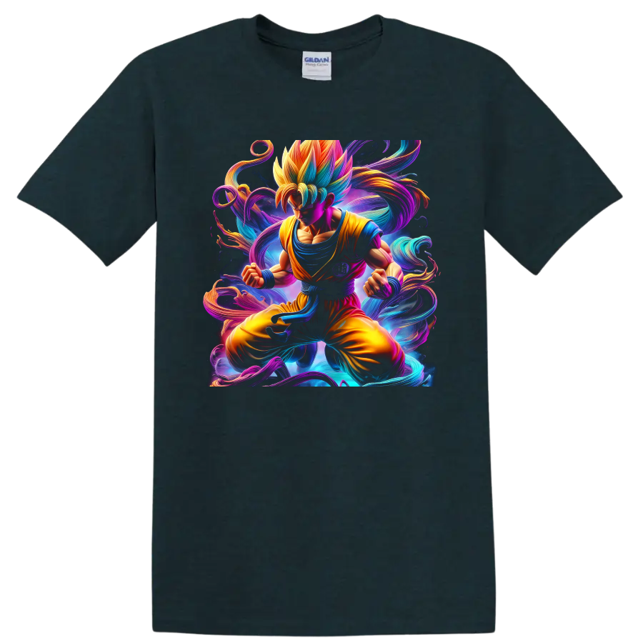 Goku Super Saiyan anime artwork with swirling neon energy and cosmic background on a Midnight (Green) T Shirt