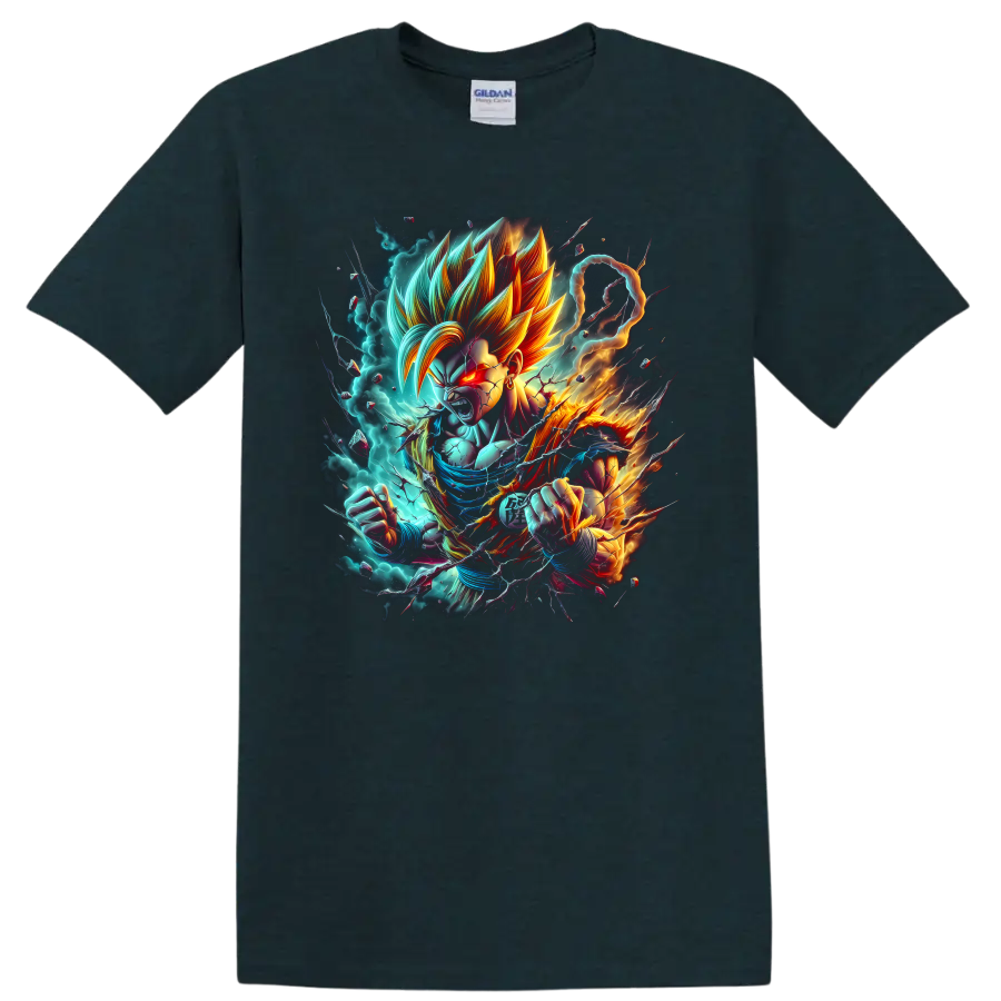 Goku Ultra Instinct anime fighter with turquoise energy aura and fiery action effects on a Midnight (Green) T Shirt