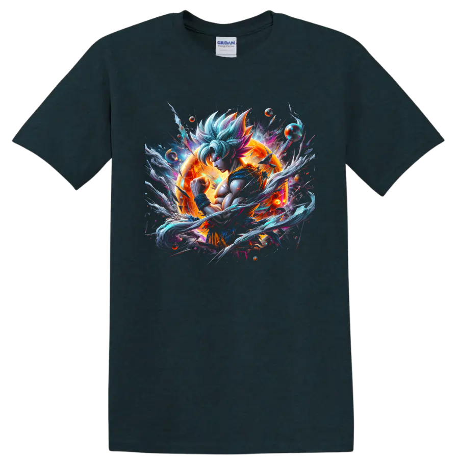 Goku Ultra Instinct cosmic anime warrior graphic with orange energy and swirling effects on a Midnight (Green) T Shirt