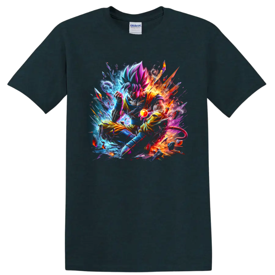 Goku Ultra Instinct in explosive blue and orange anime battle art with energy orb on a Midnight (Green) T Shirt
