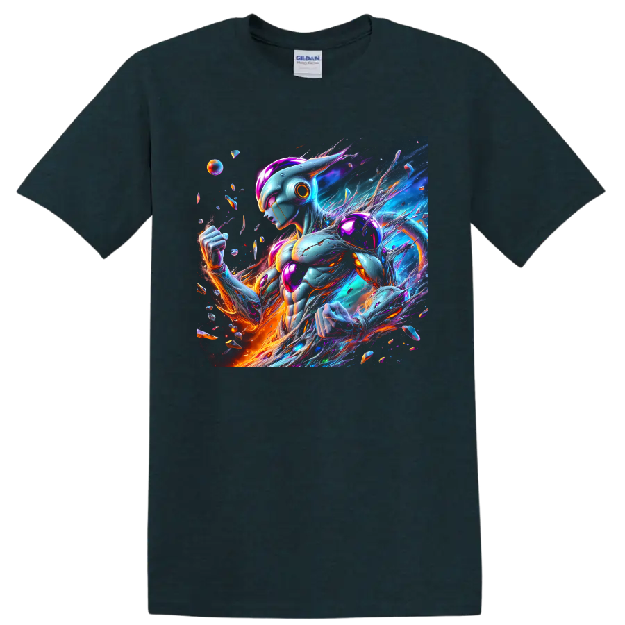 Metal Cooler cybernetic warrior in vivid cosmic neon anime art on a Midnight (Green) T Shirt