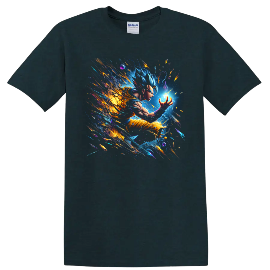 Goku Ultra Instinct cosmic energy graphic with glowing power sphere and lightning on a Midnight (Green) T Shirt