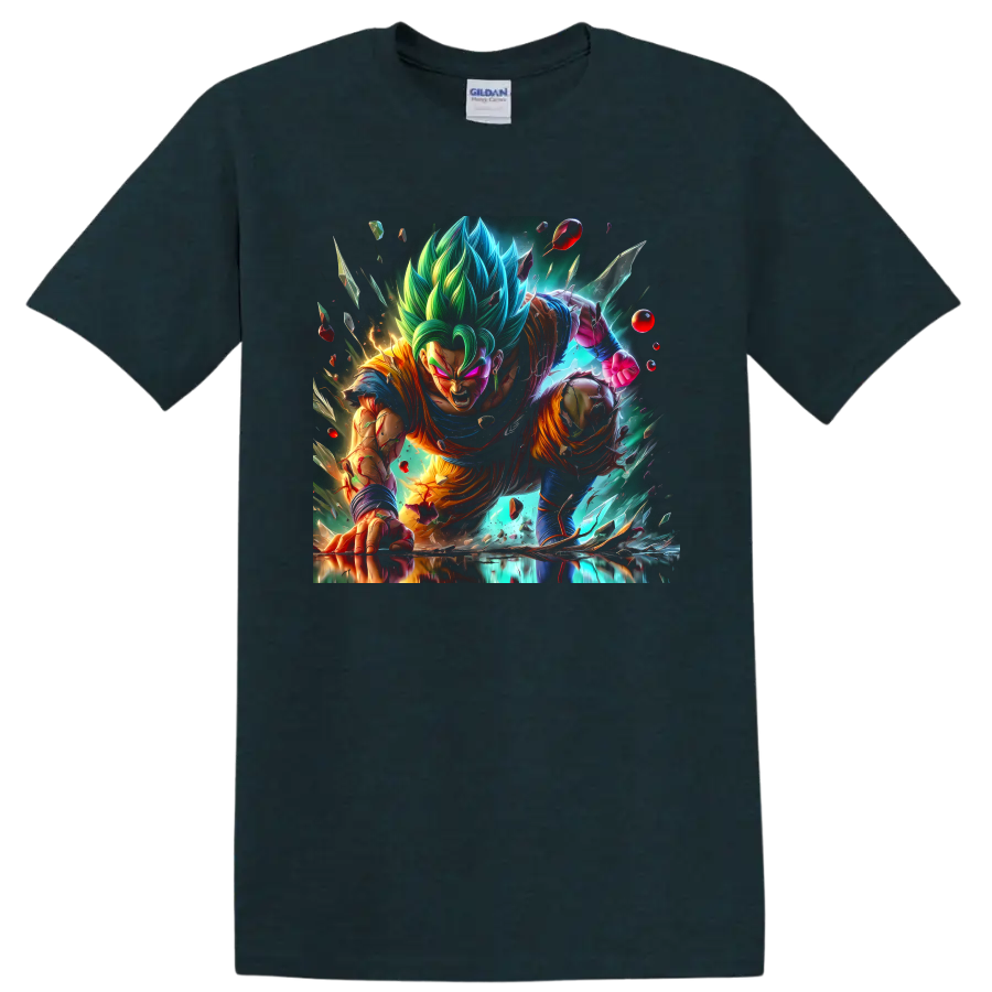 Vegito Blue charging through an explosive anime battle with shattered energy fragments on a Midnight (Green) T Shirt