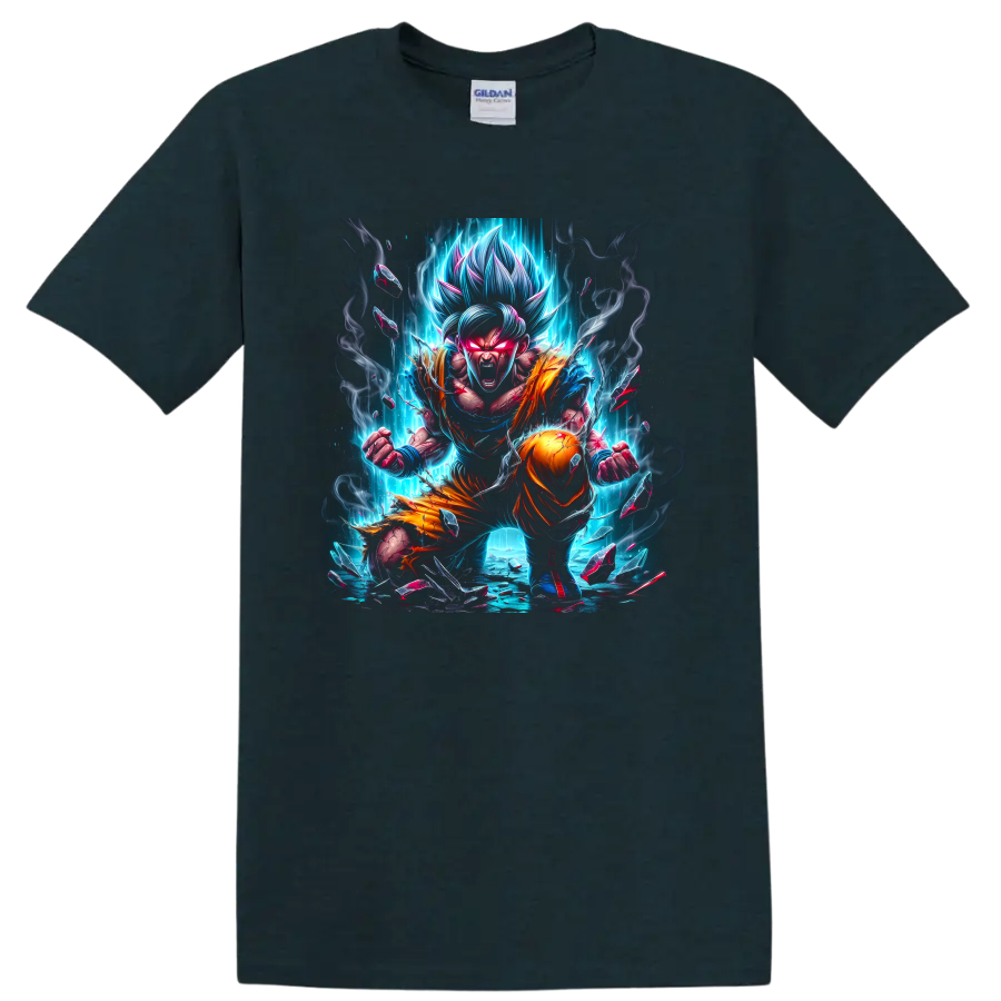 Goku Ultra Instinct anime fighter with blue energy aura and orange battle outfit on a Midnight (Green) T Shirt