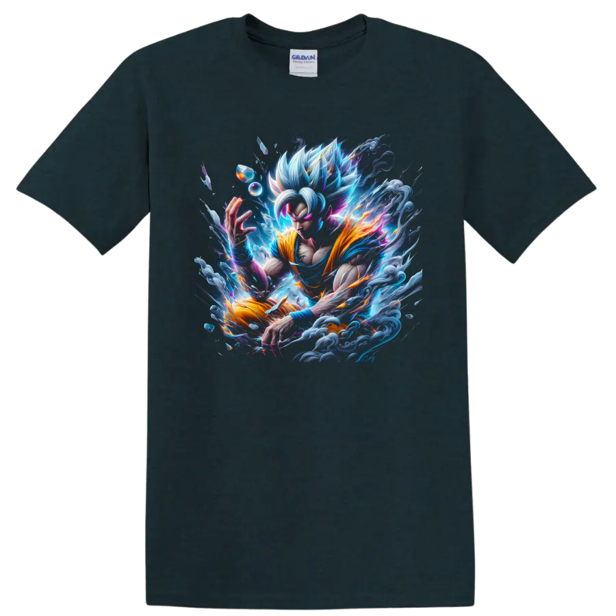 Goku Ultra Instinct anime warrior graphic with silver hair and cosmic energy on a Midnight (Green) T Shirt