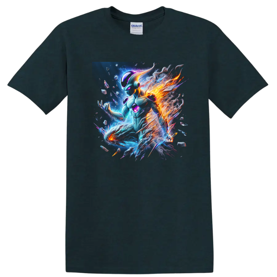 Frieza cosmic anime warrior with blue energy and fiery orange flames on a Midnight (Green) T Shirt