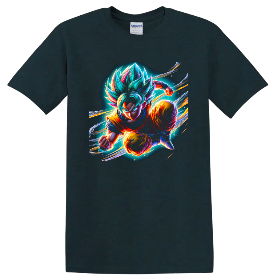 Goku Super Saiyan Blue cosmic anime action graphic with glowing energy trails on a Midnight (Green) T Shirt