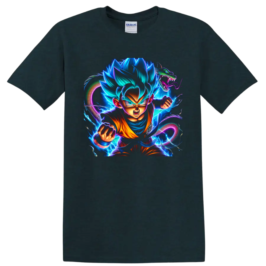 Goku Super Saiyan Blue and Shenron in electric Dragon Ball Super action art on a Midnight (Green) T Shirt