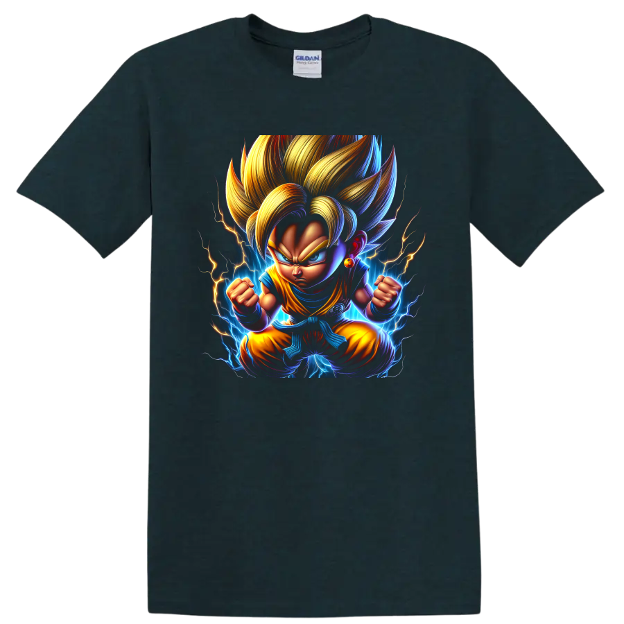 Super Saiyan Goku Dragon Ball Daima style anime fighter with lightning aura on a Midnight (Green) T Shirt